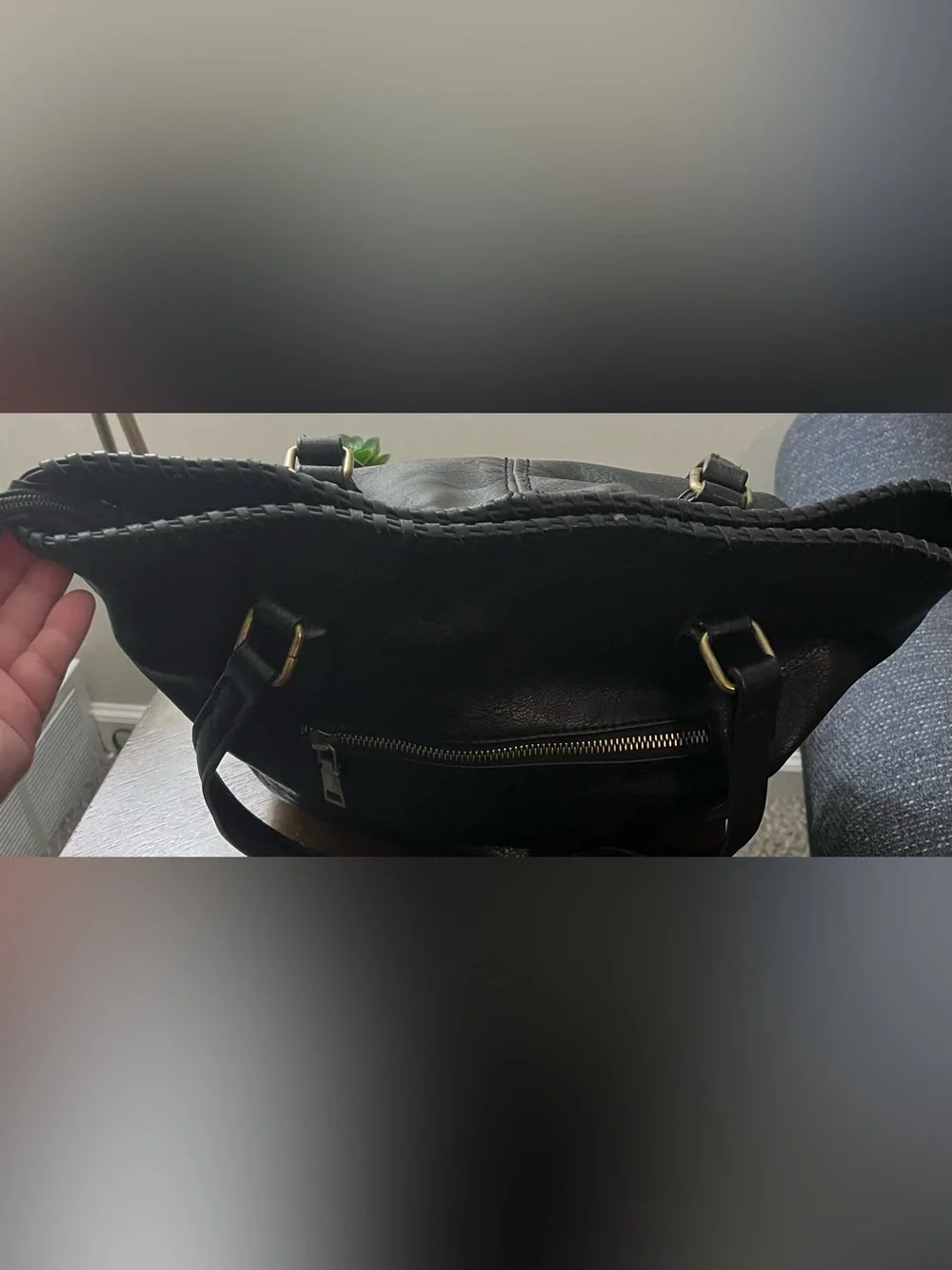 Black Leather Tote Bag with Front Zip Pocket